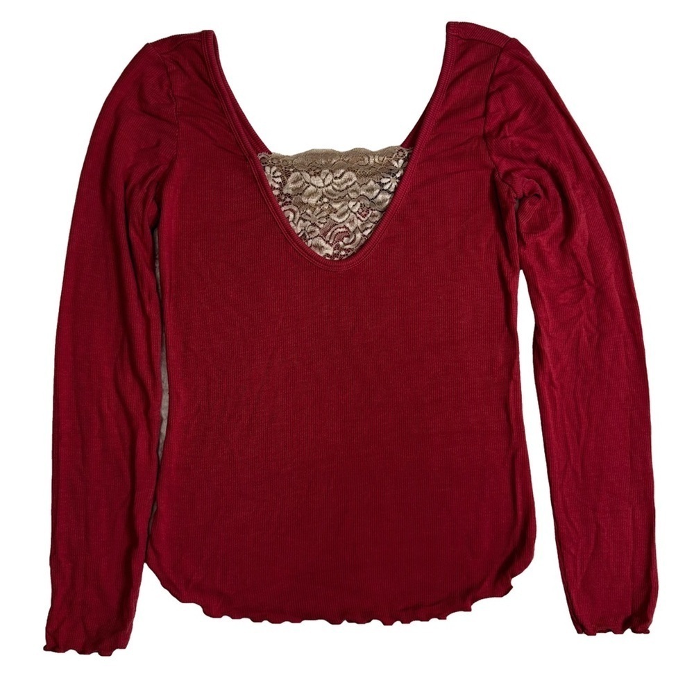 Moda International  Berry Red Top Shirt Tee with Size Small Lace Details NWOT